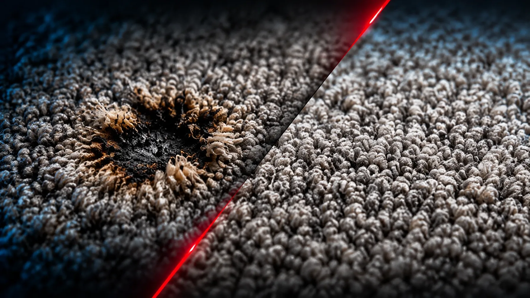 Close-up carpet damage and a repaired carpet surface